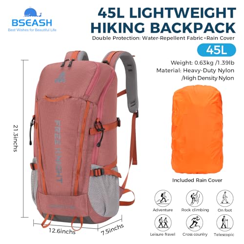 Bseash 45L Waterproof Hiking Camping Backpack with Rain Cover, Outdoor Sport Travel Bag Daypack for Climbing Skiing Cycling (Pink) - color: Pink