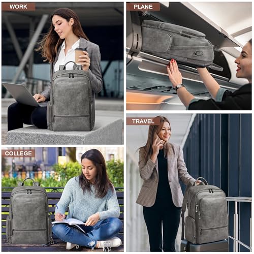 Leather Backpack for Women Men, Fits 16.0 Inch Laptop, Soft Vegan Leather Backpack for Travel and Daily Use, Grey - color: Grey