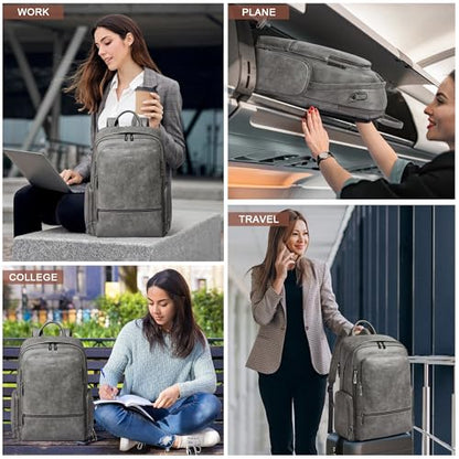 Leather Backpack for Women Men, Fits 16.0 Inch Laptop, Soft Vegan Leather Backpack for Travel and Daily Use, Grey - color: Grey
