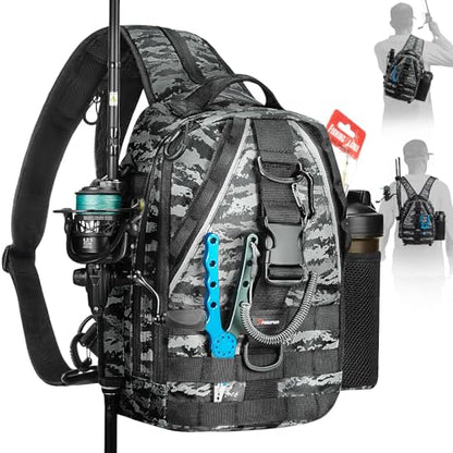 Piscifun Fishing Backpack with Rod Holder, Lightweight Sling Bag Storge Gear and Equipment - color: Black Camouflage, size: Standard, style: Urban