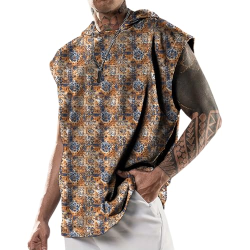domirica Sleeveless Hooded Mens Shirt Tshirts Loose Fit Fitness Street Outfit Summer Regular Casual Tank Top - color: Aztec, size: Large