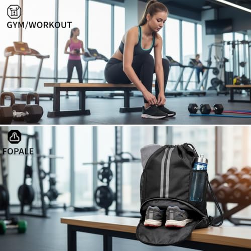 Drawstring Backpack Gym Bag with Shoes Compartment, Water‑Resistant String Backpack, Dry‑Wet Separation Cinch Sack for Soccer Basketball Swim Beach Sports for Women Men-Black - color: Black