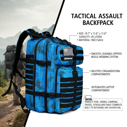 45L Military Tactical Backpack for Men & Women Bug Out Bag Assault pack Molle Daypack Hiking Trekking Rucksack (Blue tie dye) - color: Blue Tie Dye