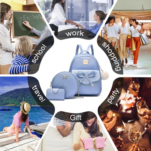 ZGWJ Mini Backpack Purse for Women - 3-Piece Set, Small PU Leather Bowknot Fashion Backpacks, Cute Casual Travel Daypacks - color: Blue-3pcs