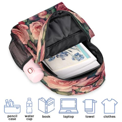 Retro Pink Rose Womens Travel Backpack | 15.6 Inch Laptop Backpack, Lightweight Casual Daypack, Water Resistant, Cute Work Backpacks, Large Capacity - color: Multicolor4