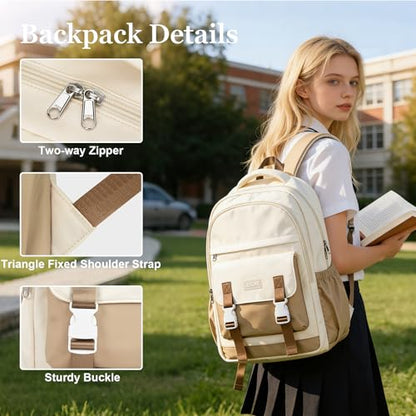 School Backpack For Women Men College Backpack With Lots Of Pockets Cute BookBag Casual Daypack Backpacks For Teens Girls Boys Waterproof(Beige) - color: D2-beige Wth Khaki