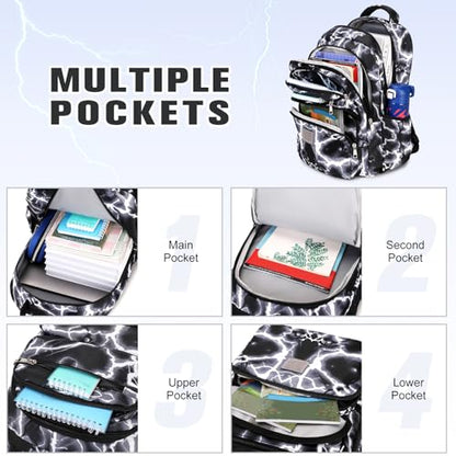 Bevalsa Backpack for Boys, Lightning School Bags with Lunch Bag & Pen Case for Kids, Bookbag for Boys Teens Elementary Middle High School - color: Black