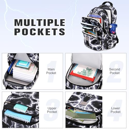 Bevalsa Backpack for Boys, Lightning School Bags with Lunch Bag & Pen Case for Kids, Bookbag for Boys Teens Elementary Middle High School - color: Black