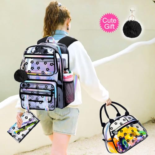 KLFVB Clear Bookbag Heavy Duty, 3PCS Girls See Through School Bag Set, Cute Transparent Backpack for Women - Plum Blossom Black - color: Plum Blossom Black Clear Backpack
