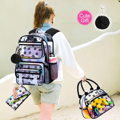 KLFVB Clear Bookbag Heavy Duty, 3PCS Girls See Through School Bag Set, Cute Transparent Backpack for Women - Plum Blossom Black - color: Plum Blossom Black Clear Backpack