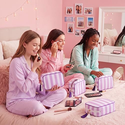 Kacctyen 6 Pack Lavender Purple and White Striped Makeup Bag bulk with Tassel Travel Cosmetic Pouch Organizer Large Zipper Toiletry Case for Women Aesthetic Storage Pouch Mahjong Tile Bag - color: Lavender Purple and White