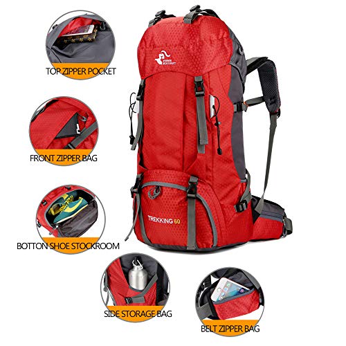 Bseash 60L Waterproof Hiking Camping Backpack with Rain Cover, Large Outdoor Sport Travel Daypack Rucksack for Climbing - color: Red