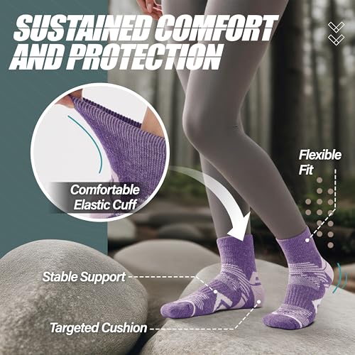 ANTSANG 6 Pairs Merino Wool Quarter Ankle Hiking Running Socks Compression Thermal Thick Cushion Socks for Women Men - color: Pink-purple Series, size: Large
