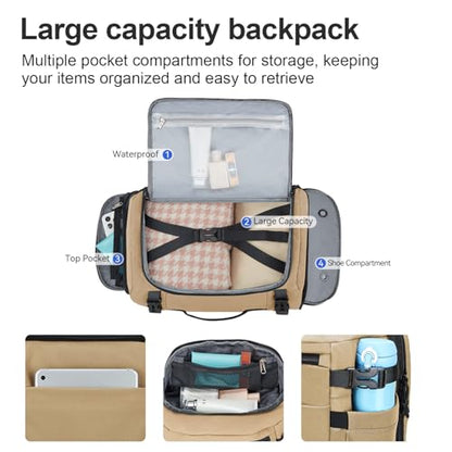 Carry On Travel Backpack with Shoe Compartment Flight Approved Laptop Backpack Expandable Work Business Backpack for Women Men Casual Daypack, Khaki - color: Khaki, style: A