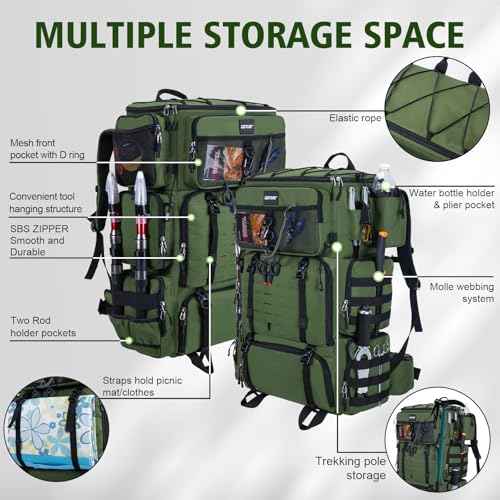 Goture Fishing Backpack with Cooler,72L Large 600D Tackle Backpack with Rod Holders,Dry & Wet Split Compartment,Adjustable Main Compartment,Rain Cover,Insulated Tactical Bag for Travel Camping Hiking - color: A1:Green(Only Bag,Without Tackle Box)