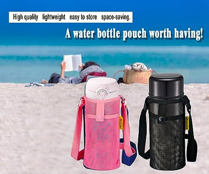 Water Bottle Holder with Strap, Premium Water Bottle Carrier with Strap Easy Clean, Light Water Bottle Carrier Bag, Water Bottle Holder with Pocket for Hiking, Walking, Travel - color: pink & black
