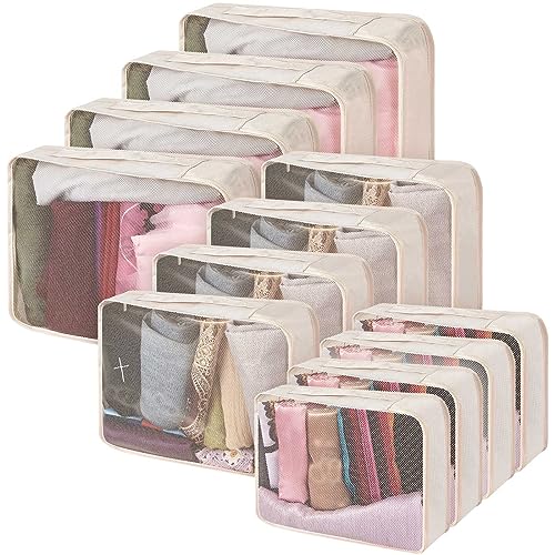 Silkfly 12 Pcs Packing Cubes for Suitcase Travel Luggage Bags Bulk Mesh Organizer Set for Hiking Camping Backpacking Clothes Accessories(Light Khaki, XL, L, M Size) - color: Light Khaki, size: XL, L, M