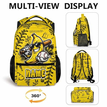 Personalized Kids Backpack Custom Baseball Schoolbag for Boys, Fun Banana Bookbag for School Travel Hiking - color: Yellow