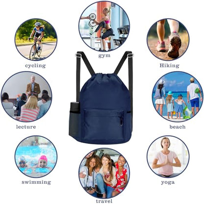 Waterproof Drawstring Bag, Lightweight String Backpack with Water Bottle Holder and Pockets, Gym Sports Cinch Sackpack (Blue) - color: Blue
