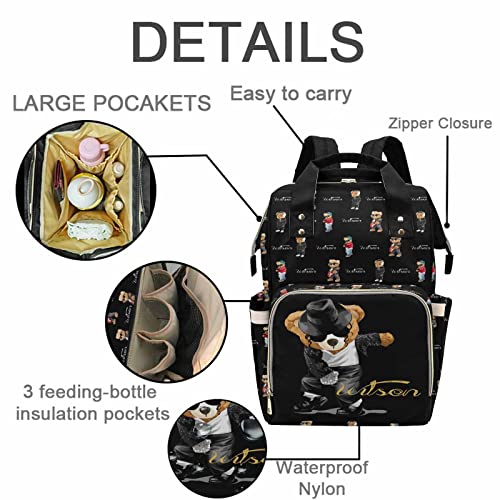 Custom Bear Diaper Bag Backpack for Baby Boy, Personalized Name Cute Cartoon Large Nappy Nursing Orangizer Mommy Bags, Waterproof Travel Daypack for Dad Mom Gifts - color: Bear-black-03