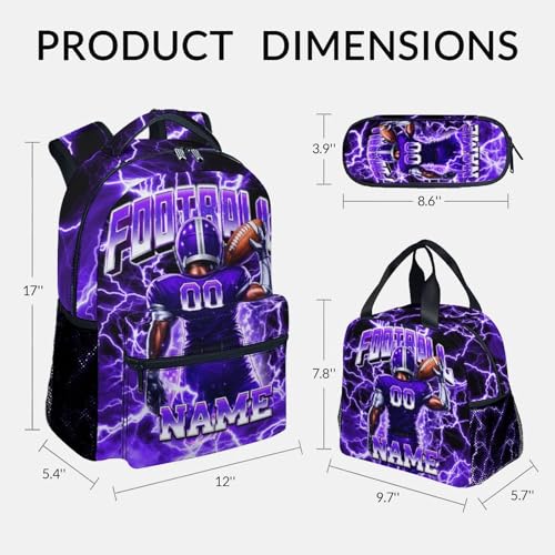 UNIKITTY Boys Football Backpack Set, Personalized School Backpack with Lunch Box & Pencil Case; 17 Inch Large Capacity Football Bookbag, Water Resistant for Kids Teens Elementary & Middle School - color: Purple