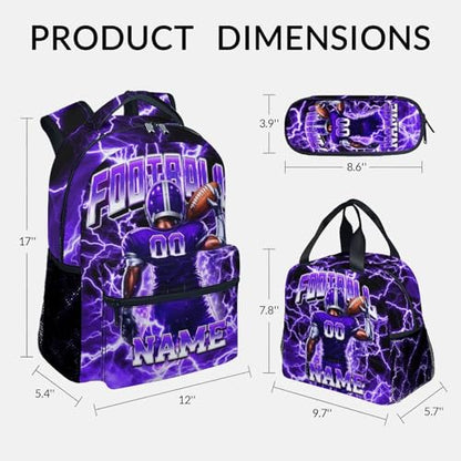 UNIKITTY Boys Football Backpack Set, Personalized School Backpack with Lunch Box & Pencil Case; 17 Inch Large Capacity Football Bookbag, Water Resistant for Kids Teens Elementary & Middle School - color: Purple