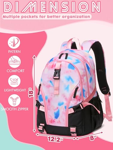 BLUEFAIRY High School Backpack for Girls Boys Middle School Bookbag for Kids Back to School Bag for College with Large Compartment Casual Daypack Mochilas para Niñas Adolescentes 18" Tie Dye Pink - color: Baby Pink