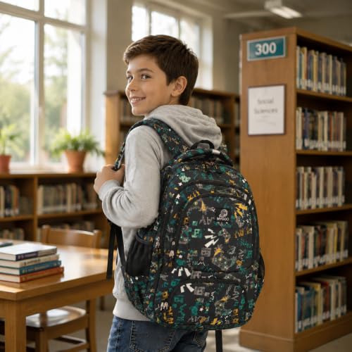 MYGOO Boys School Backpack Campus Gamer Teal Bookbag for Elementary Middle School Ages 5-12, 17 inch Large Capacity 24L Kids Student Travel Bags - color: Campus Gamer Teal
