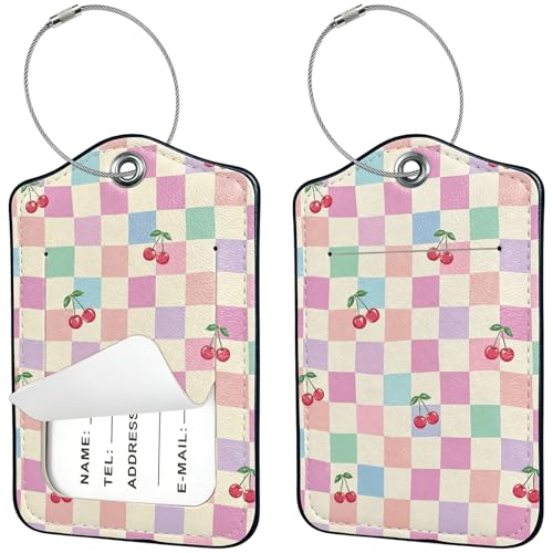 2 PCS Luggage Tags for Suitcases,Cute Cherry Checkerboard PU Leather Name Tag with Privacy Cover&ID Label Address Card and Durable Metal Ring Suitable for Men Women Travel Bag - color: Cherry Checker