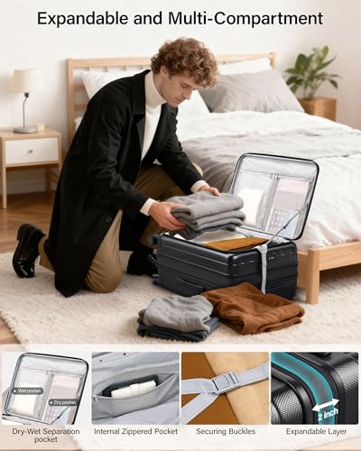 Hanke 26 Inch Expandable Luggage Top Opening Checked Bag Luggage Hard Shell Suitcases with Wheels Lightweight Travel Luggage Heavy Duty Luggage Suitcase with Lock for Woman Men-Jet Black - color: Jet Black, size: 26 Inch Expandable