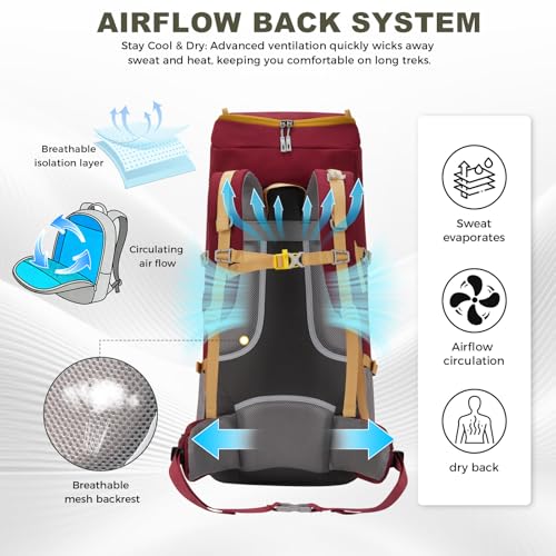 Bseash 65L Waterproof Hiking Camping Backpack with Rain Cover, Outdoor Sport Travel Daypack for Climbing Touring (Wine Red) - color: Wine Red