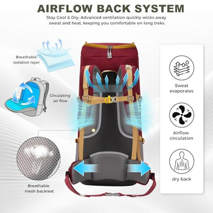 Bseash 65L Waterproof Hiking Camping Backpack with Rain Cover, Outdoor Sport Travel Daypack for Climbing Touring (Wine Red) - color: Wine Red