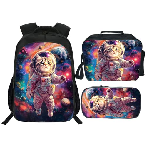 Space Cat Backpack Astronaut Kids Bookbag 16inch Schoolbag With Lunch Box Bag And Pencil Case Set For Boys Girls - color: Space Cat