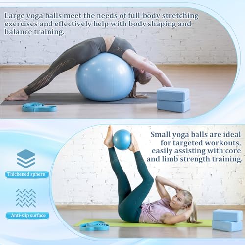 Pilates Set with 2 Yoga Exercise Balls (25.6”&9.8”), Yoga Block, Stretch Strap & Foot Pump, Stability Fitness Ball Kit for Home Gym Equipment Workout Pregnancy Physical Therapy - color: Blue