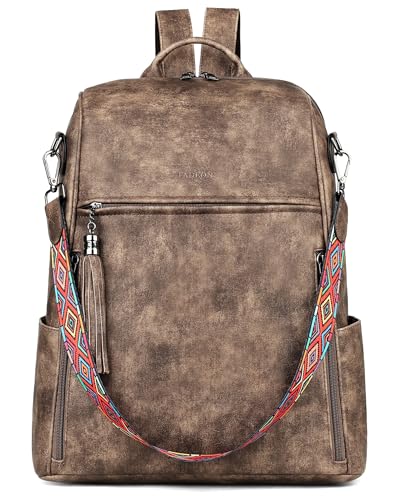 FADEON Leather Laptop Backpack for Women Designer 15.6 inch PU Laptop Bag, Ladies Travel Computer Work Backpack Grey - color: Coffee Brown