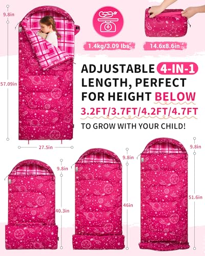 KingCamp 45°F Kids Sleeping Bag, Lightweight Waterproof & Compact Flannel Sleeping Bags Cold Weather & Warm Youth Essentials Gear Accessories for Camping, Fits 10-12 Children up to 4'7"-5'5" Tall - color: 8.6°F ~44.6°F RoseRed Left 4-in-1