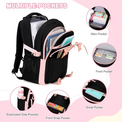 Scothen 3PCS Girls Backpack for School, Kids Backpack for Girls with Lunch Bag Pencil Case, Kids Bookbag Teen Backpacks for Elementary Middle High School (Black-Pink) - color: Black-pink
