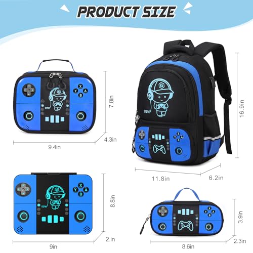 Bevalsa Backpack for Boys with 43OZ Bento Lunch Box,Insulated Lunch Bag & Pencial Case,Cool Luminous Gamer Schoolbag for Kids Teens Elementary Middle School,Bookbag Glow In The Dark - color: Blue, style: Backpack With 43oz Bento Box