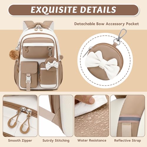 MUSEVOS Kids Teenage Girls Backpack, Elementary/Middle/High Schoolbag, Multi-Compartment Water-resistant Cute Bookbag, 17inch - color: Khaki-white
