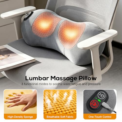 3 in 1 Lower Back Massager, Triple Fusion Back Massager with Heat, Vibration and Stretch, Lumbar Support Pillow with Ergonomic Memory Foam for Bed and Chair (Grey) - color: Grey