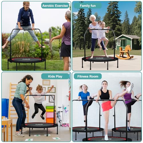 RAVS Mini Trampoline for Kids Adults 40"/48" Foldable Fitness Rebounder Kids Trampoline with 5 Levels Height Adjustable Handle Resistance Bands Indoor Workout - size: 40-inch