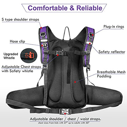 Mothybot Insulated Hydration Backpack Pack with 3L BPA Free Leak Proof Water Bladder, Large Storage Lightweight Hiking Daypack with Waist Pouches & Cooler Layer, for Running, Biking, Camping, Festival - color: Purple