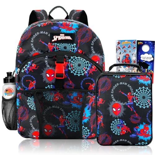 Spider Man Backpack with Lunchbox Set for Boys School Bundle + More | 16in Large Durable Spider Man Bookbag w/ Insulated Lunch Box Plus Water Bottle, Stickers, More - Spiderman School Supplies