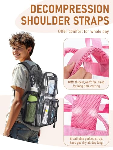 Clear Backpack Heavy Duty for Women Men Boys Girls, Large Clear Bookbag See Through Backpack for School College - color: 13-7#pink+pouch