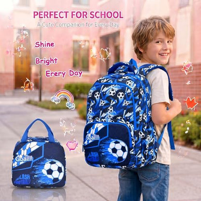 3PCS Kids Backpack Set, School Backpack with Lunch Bag & Pencil Case, Lightweight Waterproof Bookbag for Kids (Soccer Blue) - color: Soccer Blue