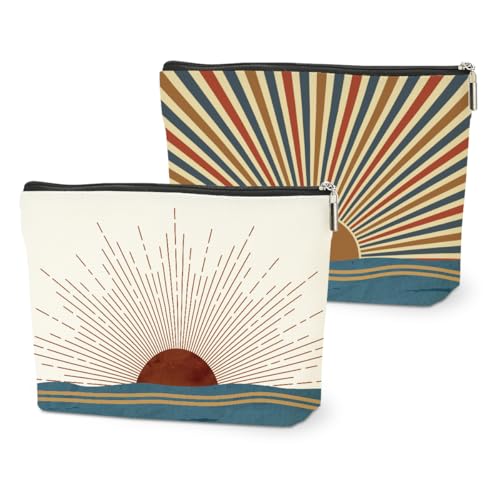 2PCS Boho Makeup Bag, Boho Gifts for Women, Sunlight Rays Natural Linen Zipper Pouch Best Gifts for Girls Sister Travel Sunshine Cosmetic Bag - color: Multicolor 0083
