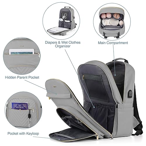MOMUVO Diaper Bag Backpack, Quilted Baby Bag with Changing Pad and Stroller Straps and Pacifier Case, Large Travel Diaper Bags for Mom Dad, Grey - color: Grey