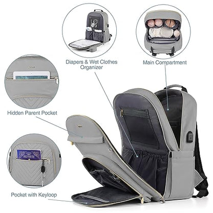 MOMUVO Diaper Bag Backpack, Quilted Baby Bag with Changing Pad and Stroller Straps and Pacifier Case, Large Travel Diaper Bags for Mom Dad, Grey - color: Grey