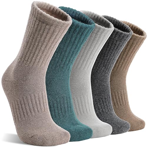 MOGGEI 5 Pairs Womens Merino Wool Socks Hiking Warm Winter Thick Thermal Crew Cozy Cabin Ladies Gift Comfy Boot Work Socks - color: Khaki/Green/Gray/Coffee