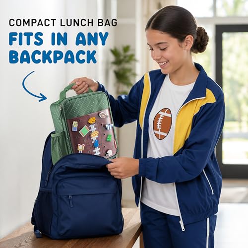 Fit & Fresh Customizable Charm Lunch Bag for Boys & Girls, Football Kids Lunch Box with 6 Sports Charms, Premium Insulated Reusable Lunch Tote for School - color: Green Football